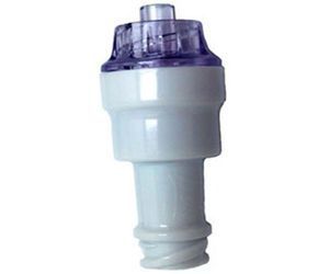 Conector médico blanco y morado para acceso intravenoso.