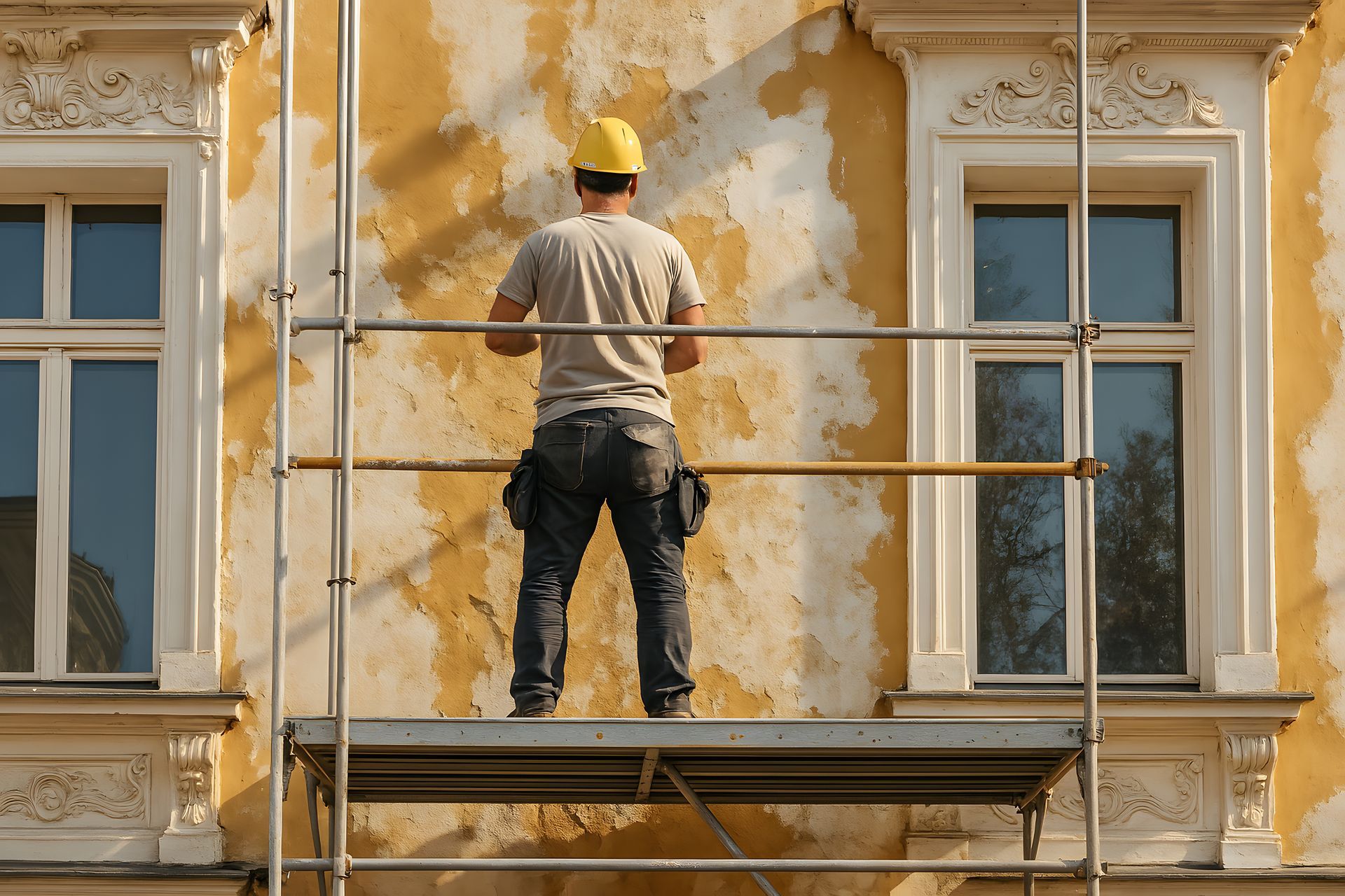 Ouvrier du bâtiment sur un échafaudage, réparant la façade jaune écaillée d'un bâtiment.