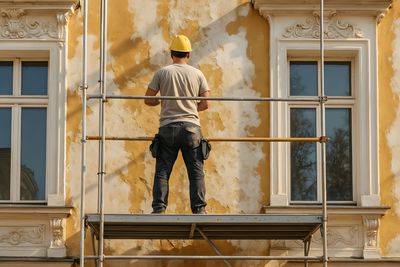 Ouvrier du bâtiment sur un échafaudage, réparant la façade jaune écaillée d'un bâtiment.