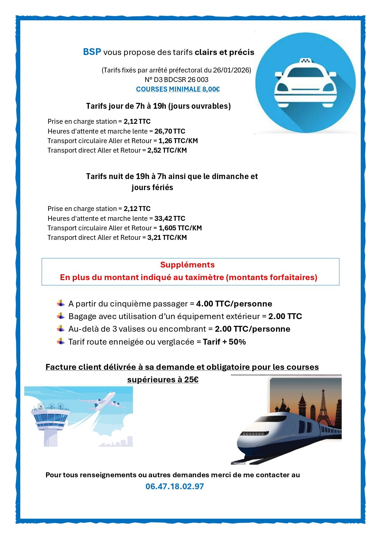 tarif taxi Eure 2026