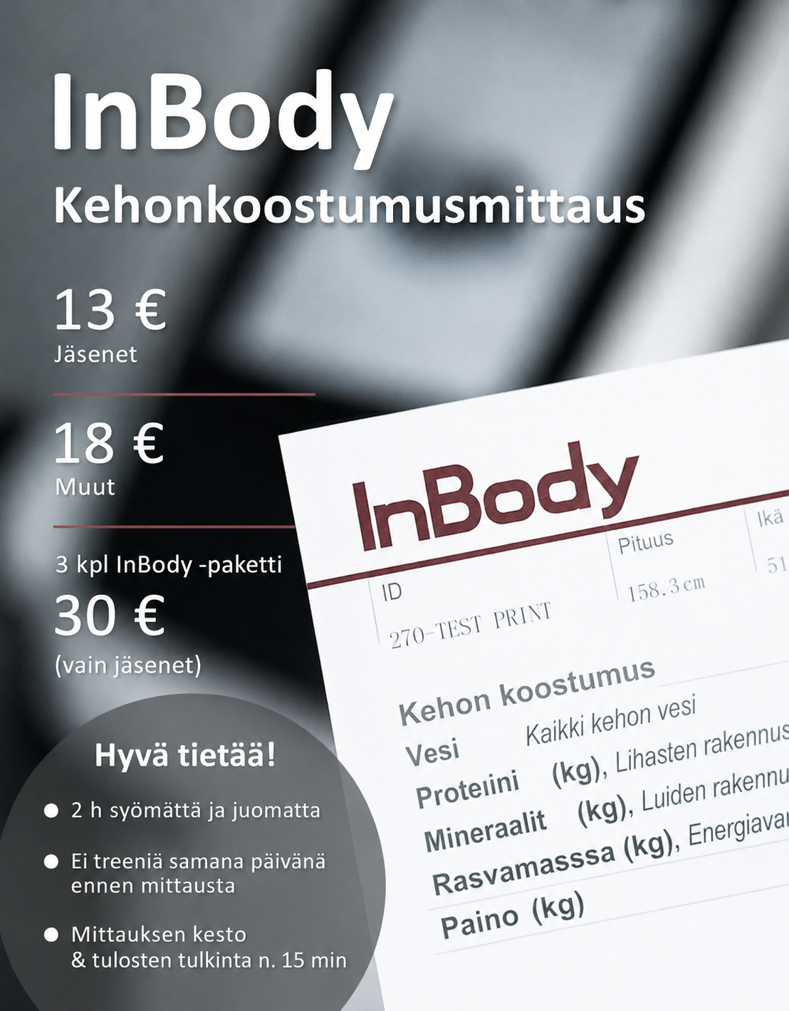 InBody kehonkoostumusmittauksen mainos, jossa näkyy hinta ja mittauslomake.