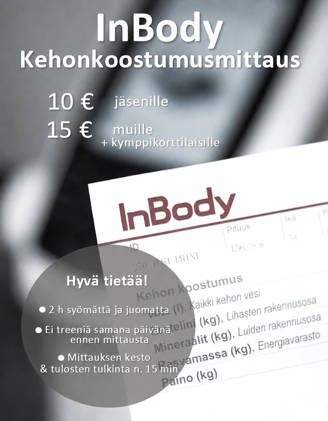 InBody kehonkoostumusmittauksen mainos, jossa näkyy hinta ja mittauslomake.