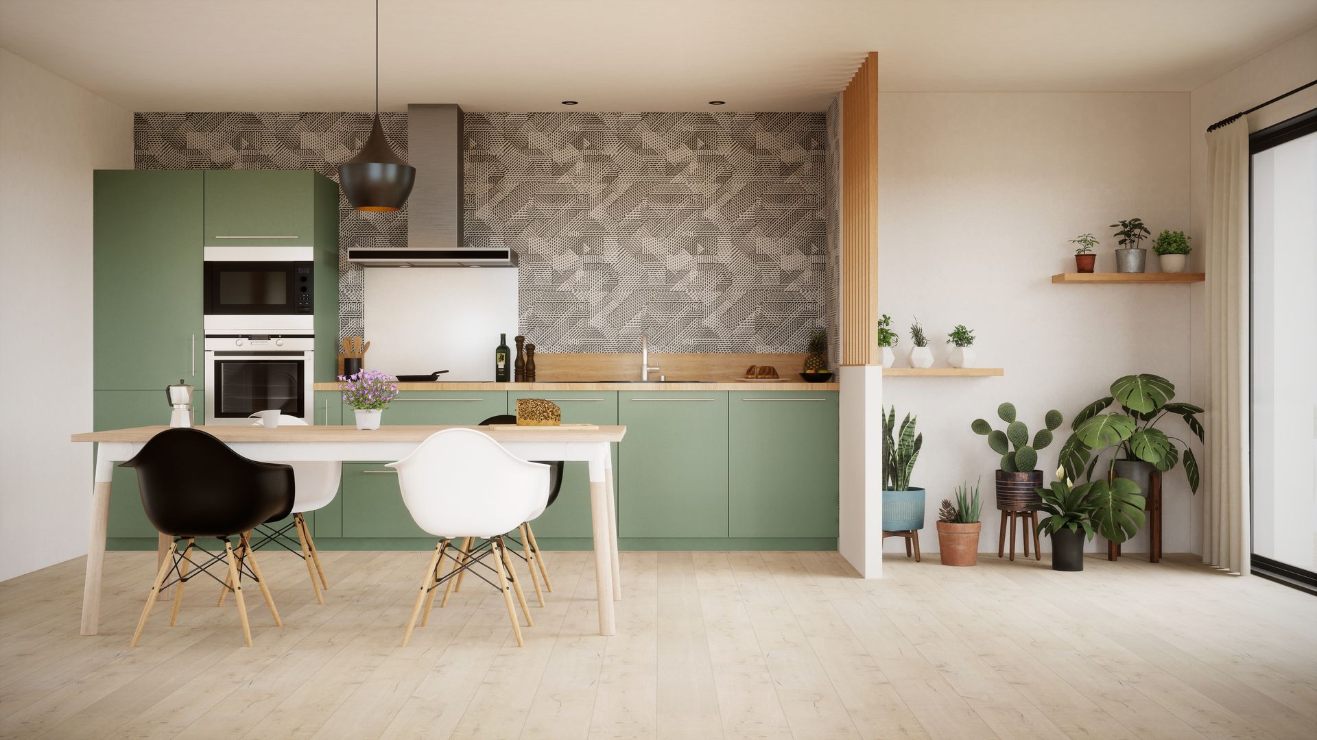 Cuisine moderne avec placards couleur sauge, crédence à motifs, table à manger et plantes en pot près d'une fenêtre lumineuse.
