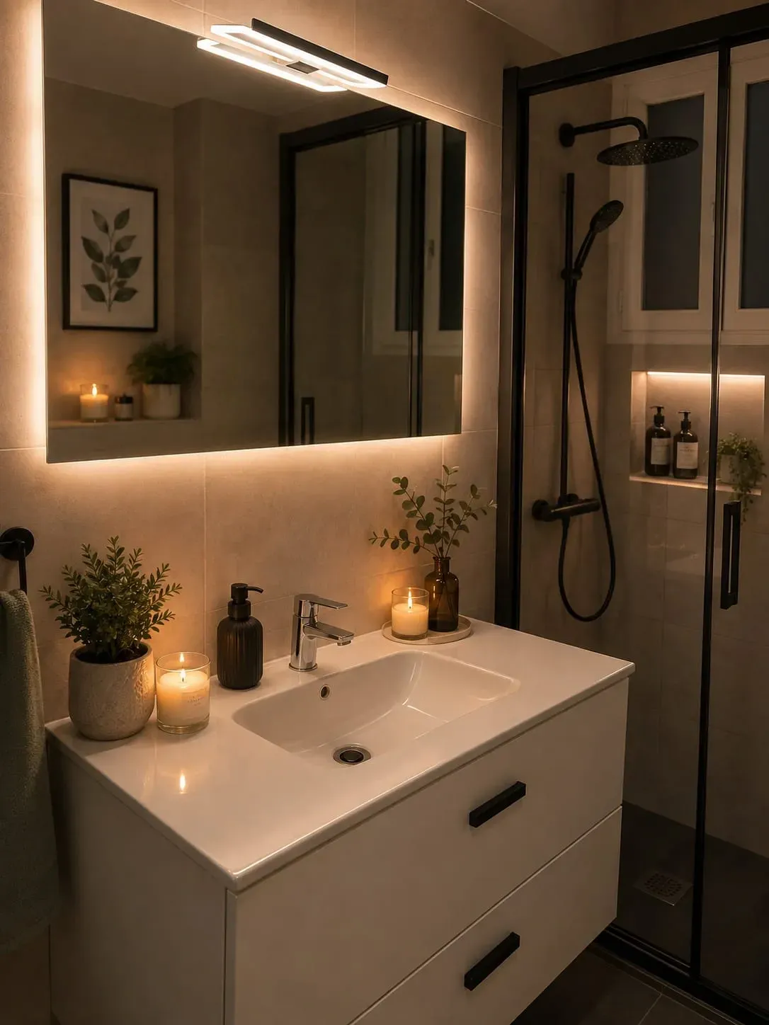 Tocador de baño moderno con iluminación cálida, espejo, lavabo blanco, plantas y mampara de ducha de cristal.