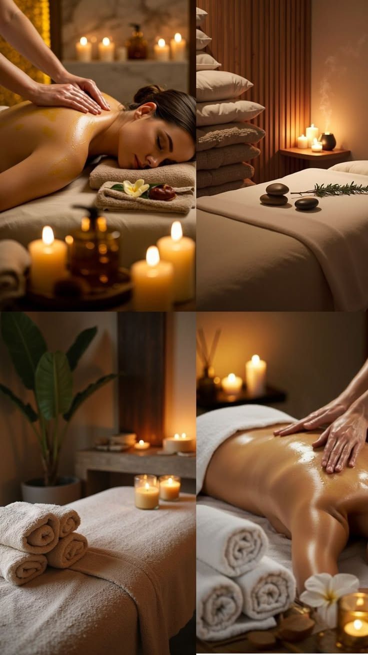 Masaje de spa con un terapeuta frotando la espalda de un cliente en una habitación iluminada con velas.