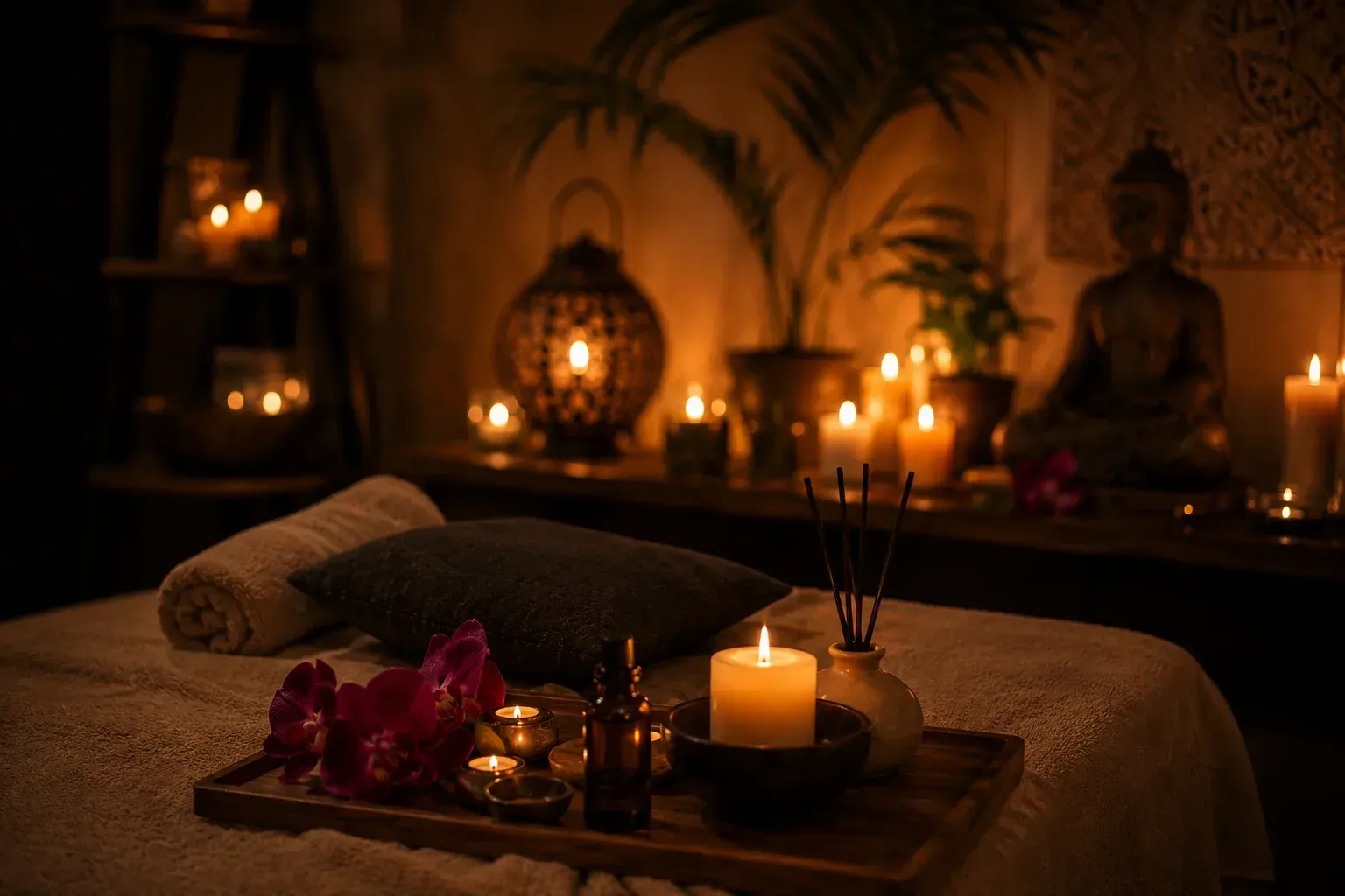 Sala de tratamientos de spa con luz tenue, velas, camilla de masaje, flores y una estatua de Buda.