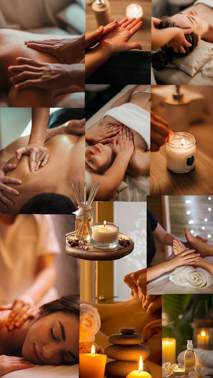 Habitación con luz tenue de velas, cama baja, almohadas y velas en estantes
