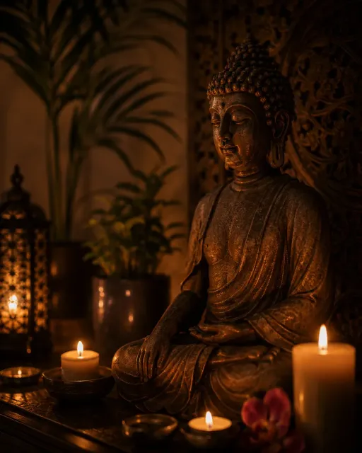 Estatua de Buda iluminada por velas en una habitación con luz tenue y tonos cálidos.