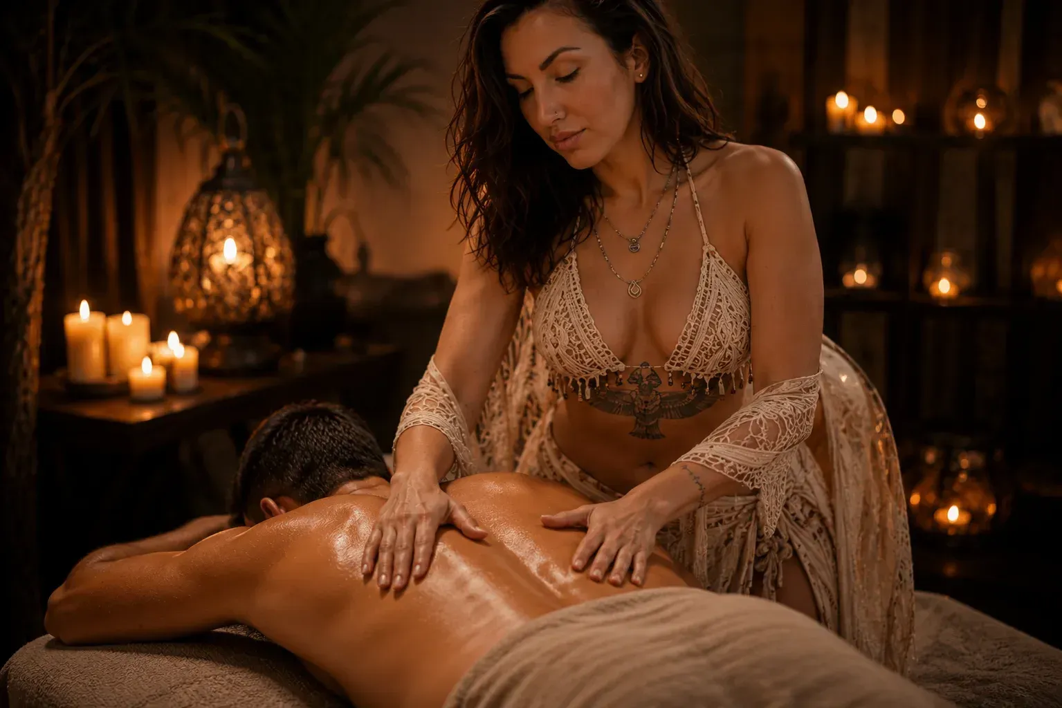 Masajista dando un masaje de espalda a la luz de las velas en una habitación tenue, similar a un spa.