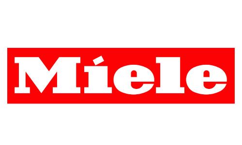 Ein rot-weißes Logo für Miele auf weißem Hintergrund.
