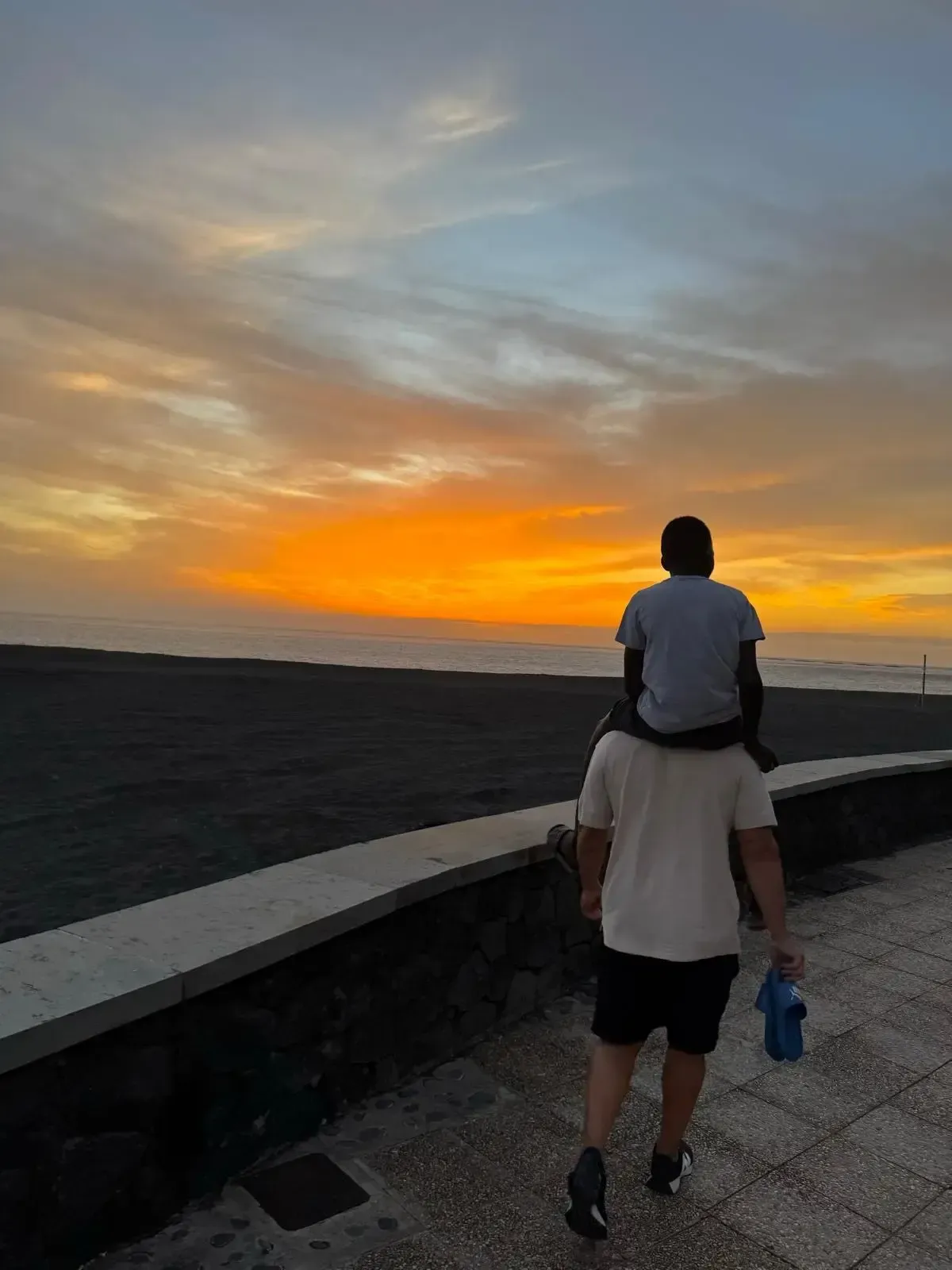 Dos personas caminan hacia la puesta de sol sobre una costa oscura; una de ellas lleva a un niño sobre los hombros.