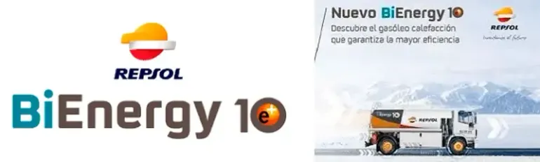 Anuncio de Repsol BiEnergy 10 con un camión cisterna de combustible, fondo nevado y el logotipo de la compañía.