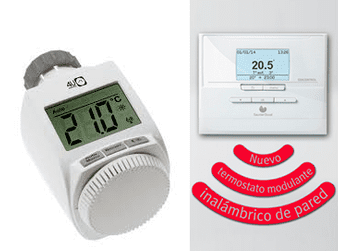 Dos termostatos blancos: uno sobre radiador y otro con pantalla de pared, con texto en español.