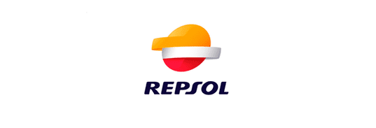 Logotipo de Repsol: diseño similar a un sol de color naranja y rojo con una franja blanca y el nombre de la marca debajo.