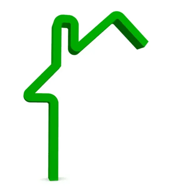 Dibujo lineal verde de una casa con techo y una línea vertical para la base.
