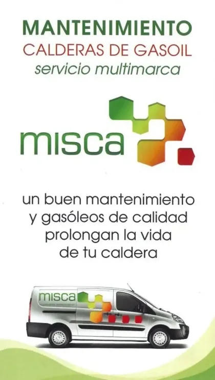 Anuncio de Misca: mantenimiento de calderas de gasóleo. Furgoneta con logotipo y texto en verde y amarillo.