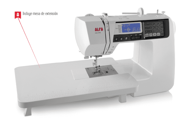 Una máquina de coser blanca con la palabra alfa escrita en ella