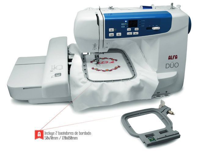 Una máquina de coser con la palabra dúo escrita en ella