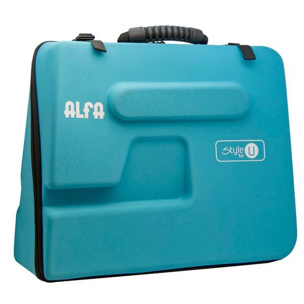 Un maletín azul con la palabra alfa.