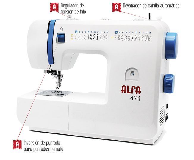 Una máquina de coser blanca con la palabra alfa escrita en ella