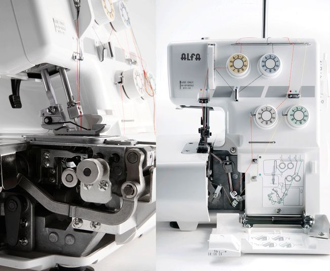 Una máquina de coser blanca con la palabra alfa escrita en ella