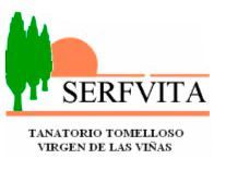 Logotipo de SERFVITA, una funeraria en Tomelloso, España, con árboles verdes, un sol naranja y texto.