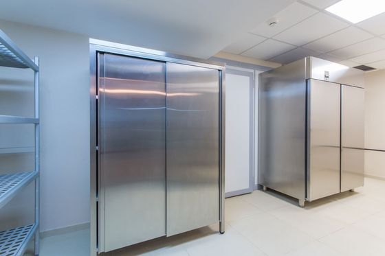 Congélateurs industriels en acier inoxydable dans une pièce lumineuse et propre avec sol carrelé.