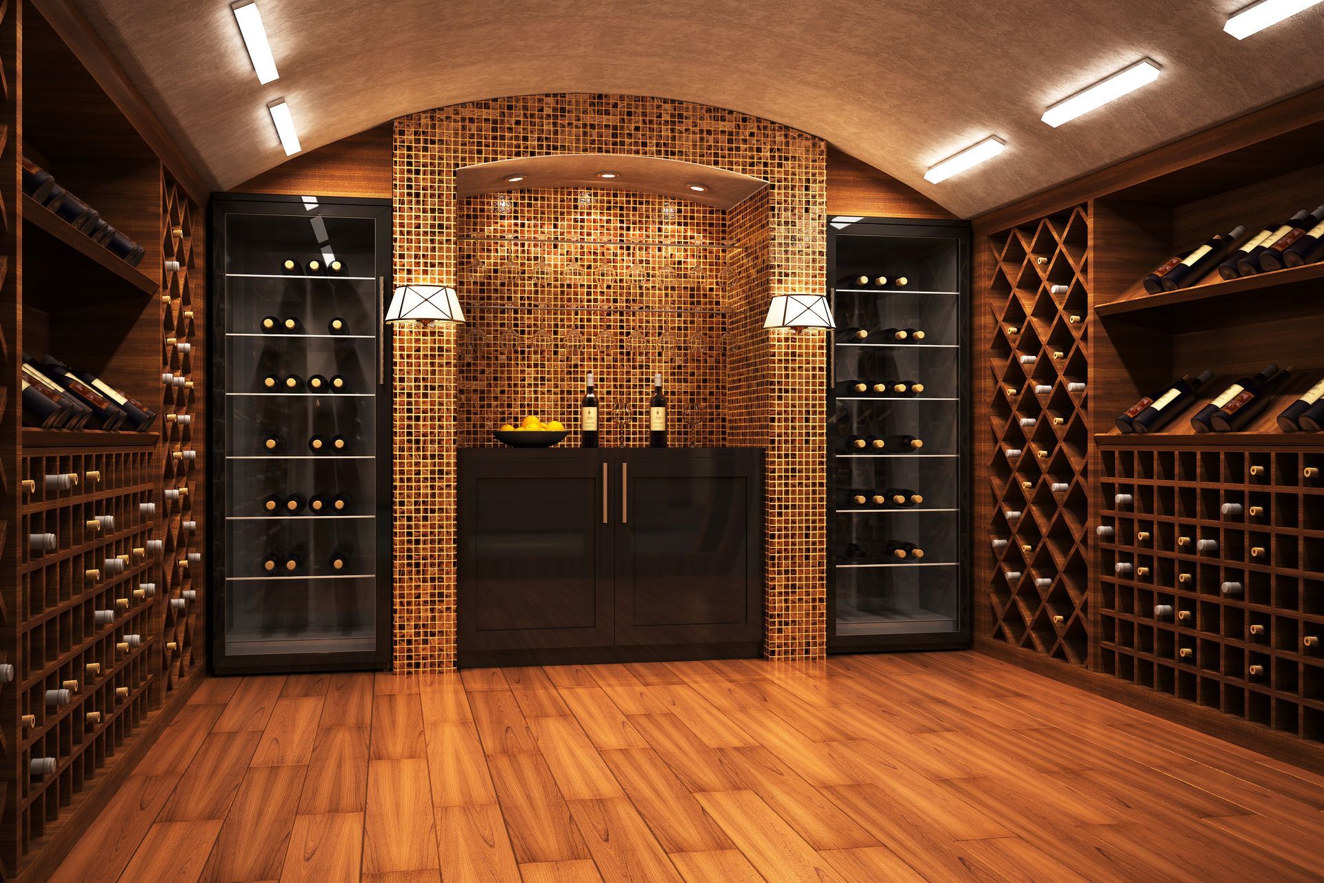 Élégante cave à vin avec casiers en bois, étagères noires et éclairage chaleureux sur un parquet ciré