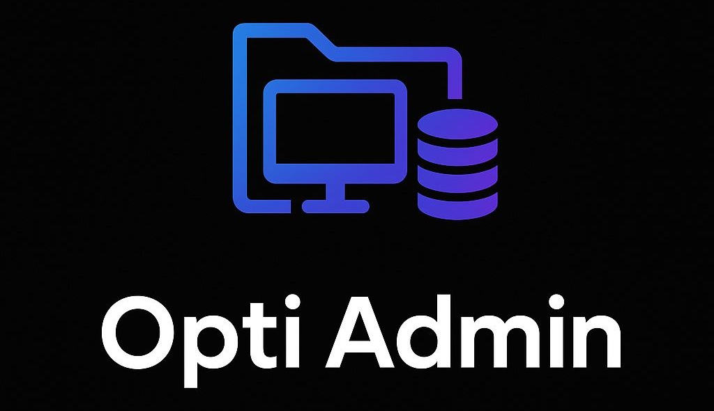 Logo Opti Admin : Un ordinateur connecté à un dossier et à une base de données, le tout en dégradés de bleu sur fond noir.