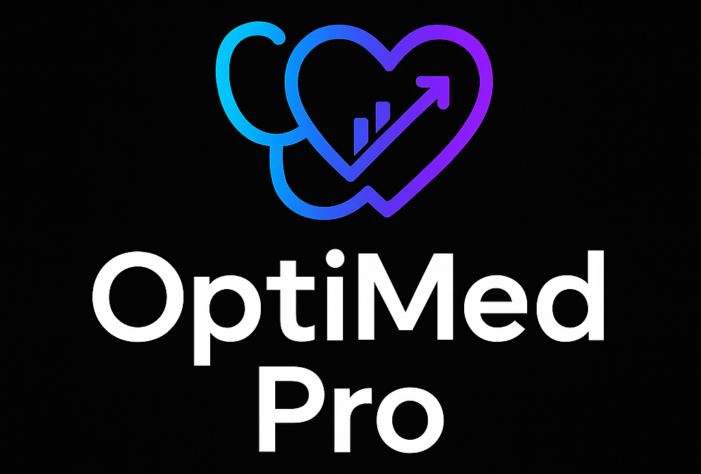 Logo OptiMed Pro : stéthoscope, cœur avec flèche graphique et texte sur fond noir.