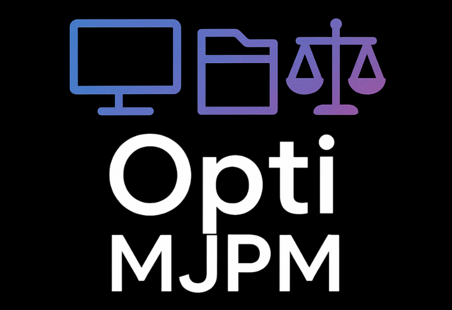 Logo représentant un ordinateur, un dossier et une balance au-dessus du mot « OptiMJPM » en caractères blancs sur fond noir.