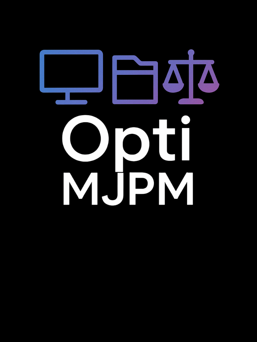 Un ordinateur, un fichier et une balance de la justice, au-dessus du texte « Opti MJPM » en blanc sur fond noir.