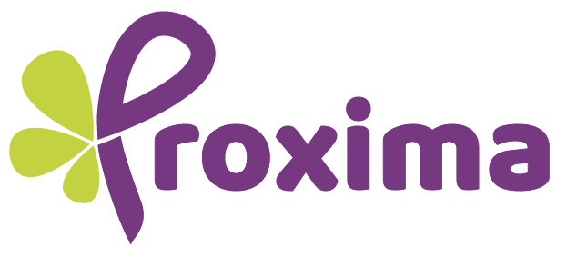 Logo Proxima avec texte violet et motif floral vert.