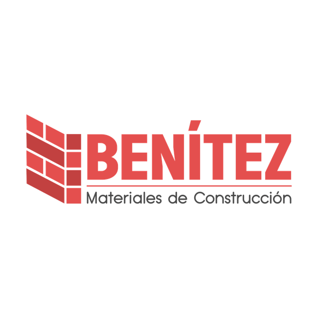 Logo de Benítez Materiales de Construcción en rojo y gris, con ícono de ladrillos.