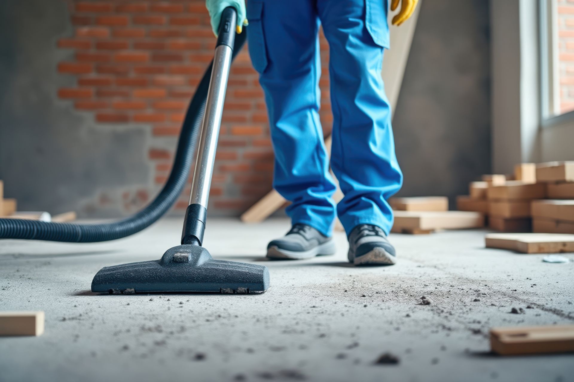 Une personne passe l'aspirateur sur un sol en béton dans une pièce inachevée aux murs de briques et aux piles de bois.