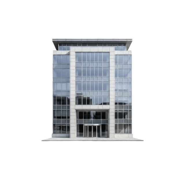 Immeuble de bureaux moderne à façade vitrée, avec de grandes fenêtres et un surplomb de toit.