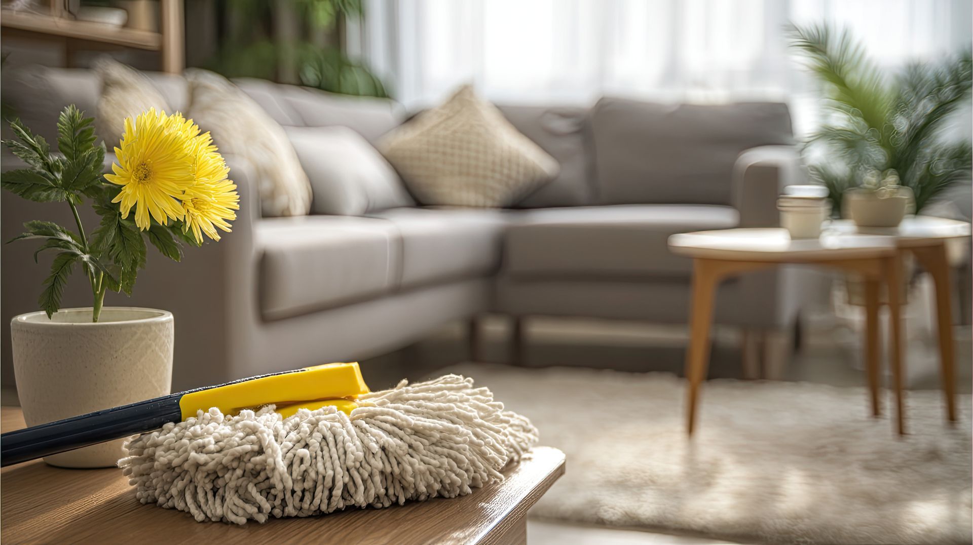Un pissenlit jaune dans un vase sur une table avec un plumeau dans un salon lumineux