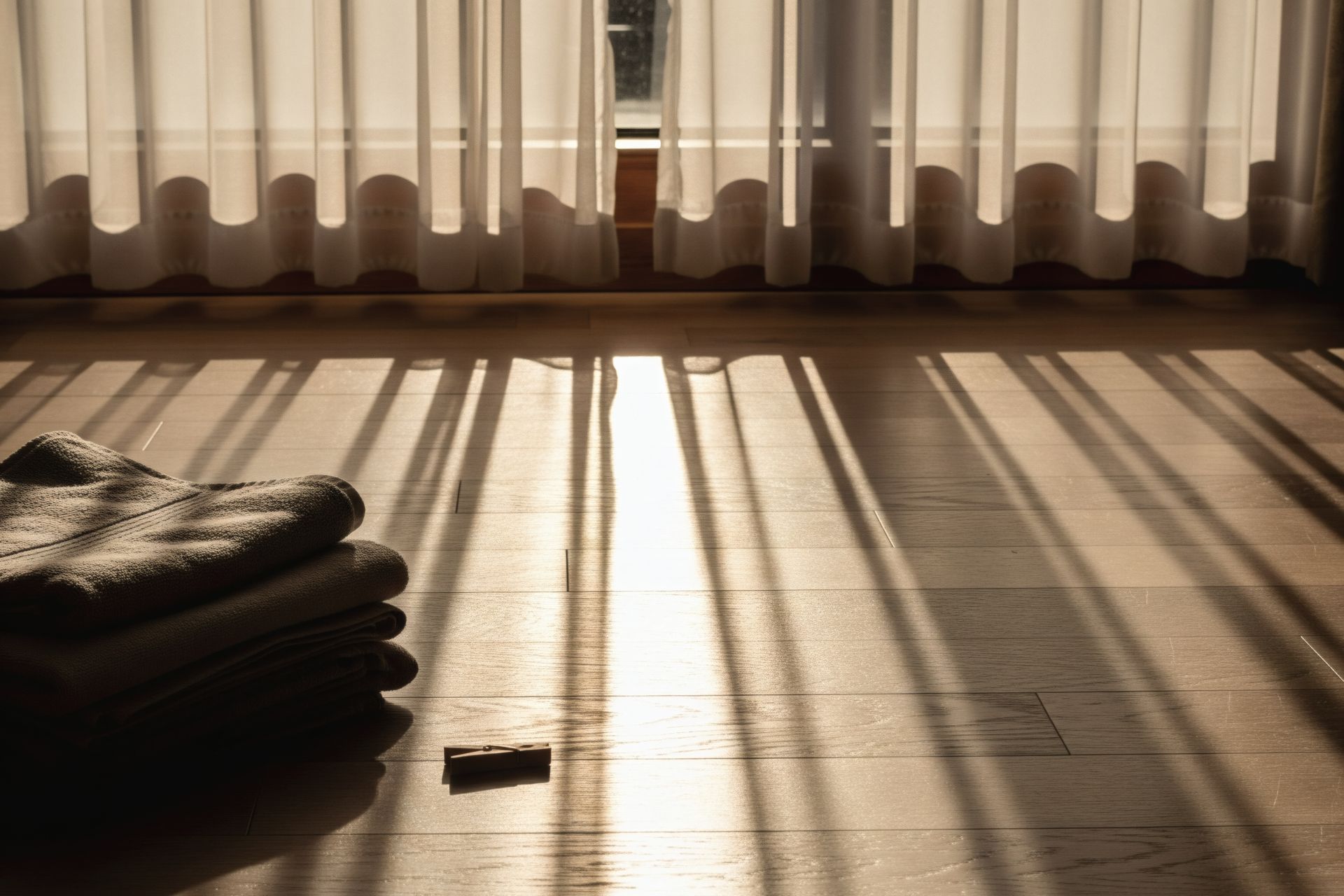 La lumière du soleil filtre à travers les rideaux et se projette sur un parquet à côté de serviettes pliées.