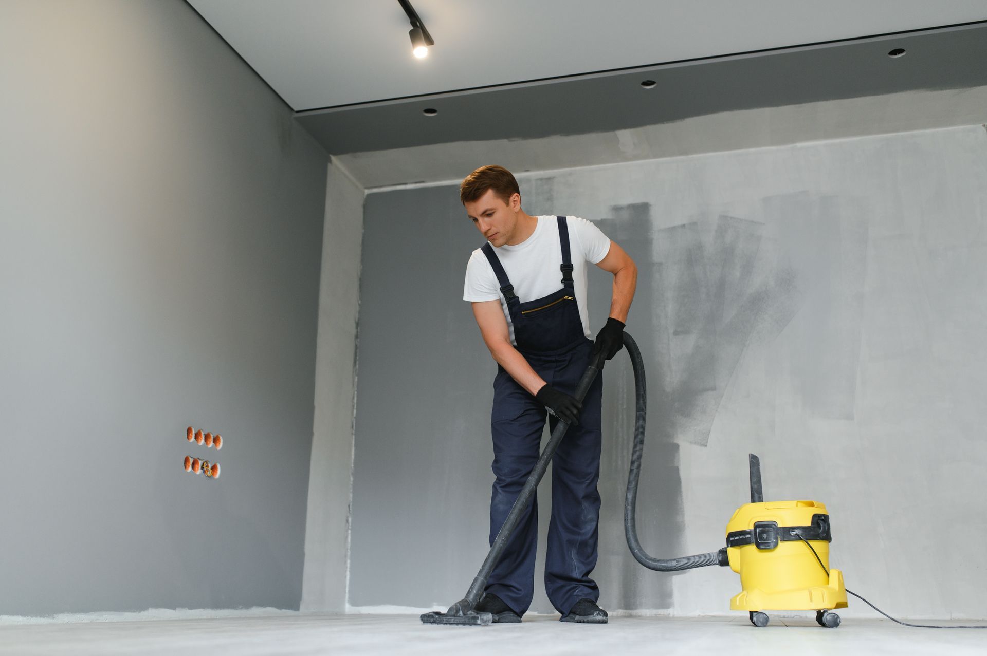 Un homme passe l'aspirateur dans une pièce grise avec un aspirateur eau et poussière jaune pendant les travaux de rénovation.
