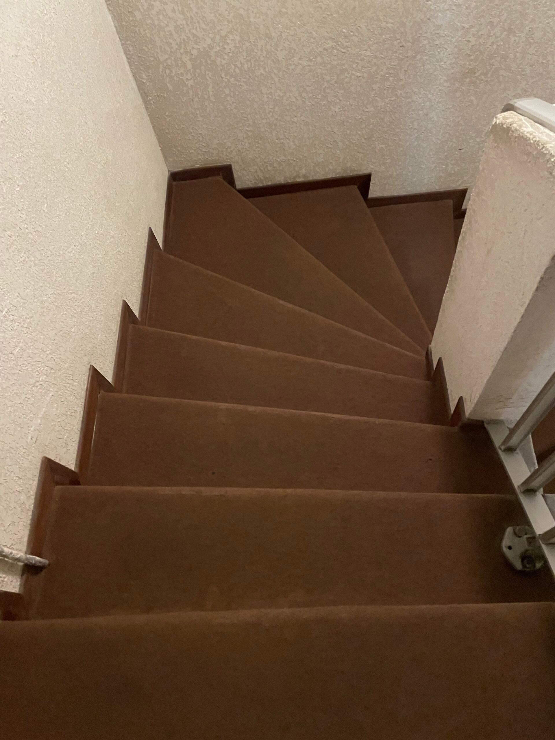 Escalier étroit recouvert de moquette marron descendant entre des murs blancs dans un intérieur de maison
