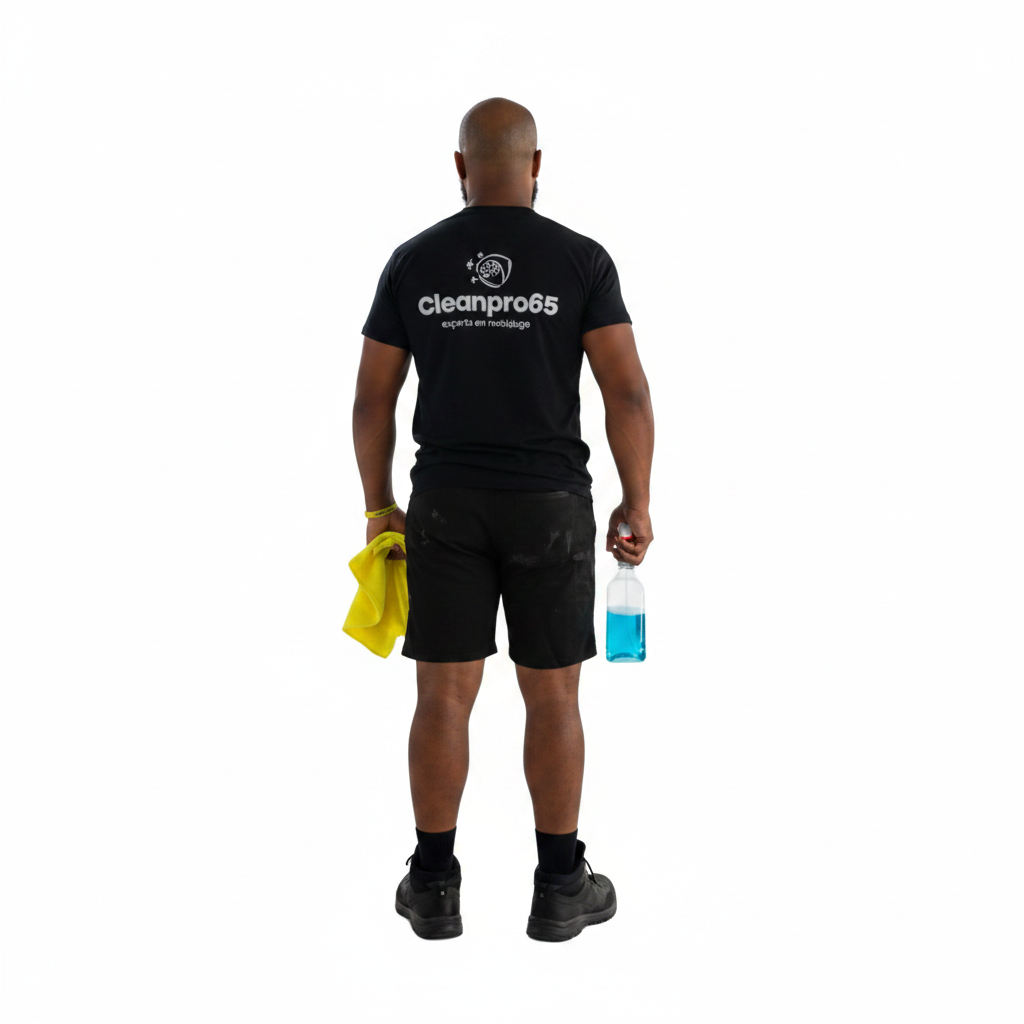 Un homme, dos à la caméra, tient un chiffon jaune et une bouteille de produit nettoyant bleue sur fond blanc.