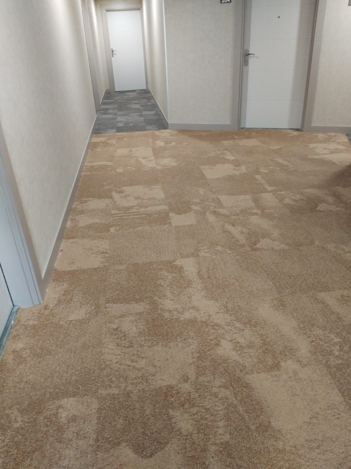 Couloir de bureau vide avec moquette beige et murs blancs, bordé de portes fermées
