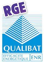 Logo RGE avec le sceau Qualibat bleu, symbole d'efficacité énergétique.