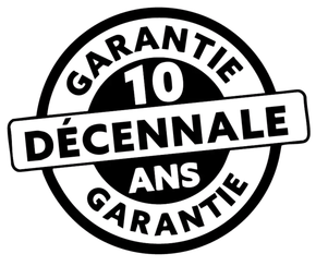 Sceau de garantie circulaire noir et blanc portant l'inscription « GARANTIE 10 DÉCENNALE ANS ».