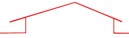 Dessin au trait rouge d'un toit et de murs latéraux de maison, sur fond blanc