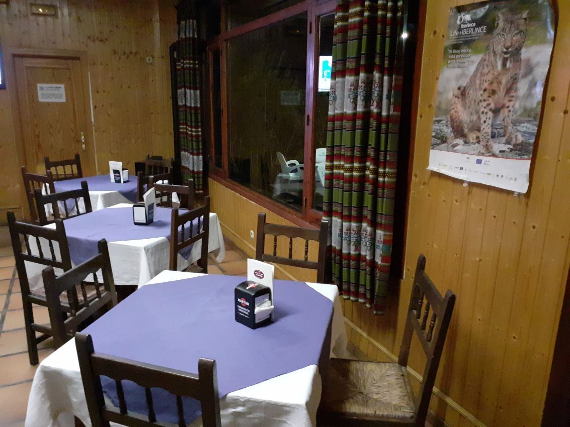 Un comedor con mesas y sillas y un cuadro de un leopardo en la pared.
