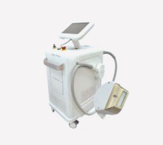 Máquina láser médica blanca con pantalla táctil y aplicador manual.