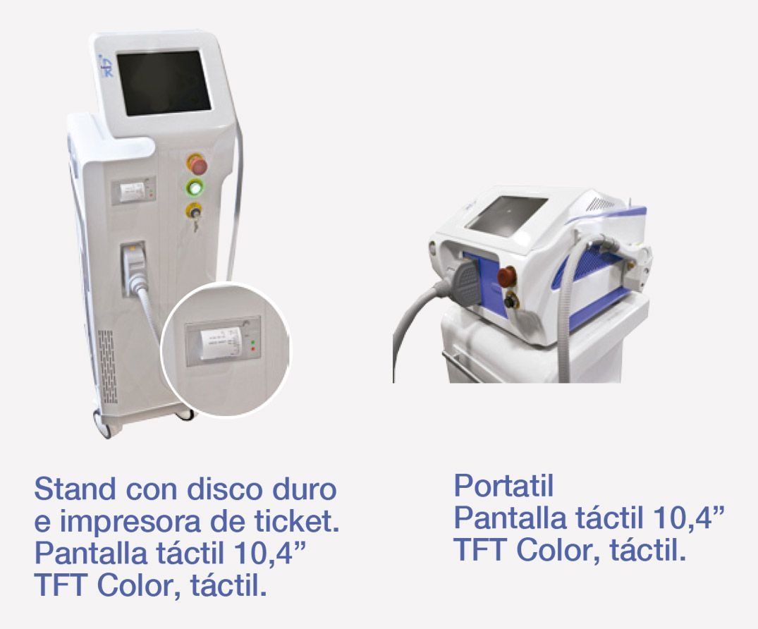 Dos dispositivos médicos: uno con soporte e impresora de tickets y otro portátil, ambos con pantallas táctiles a color de 10,4”.