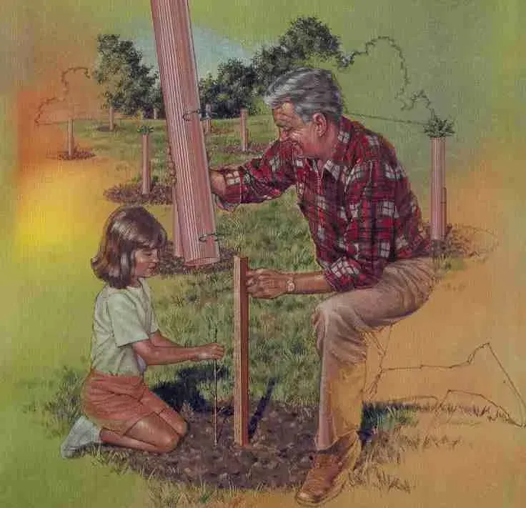 Un hombre y una niña están trabajando en una valla.