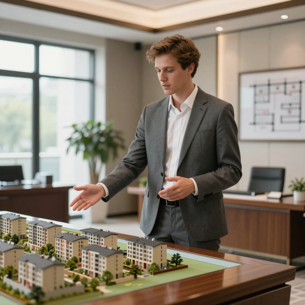 Hombre con traje gris presentando un modelo de apartamento en una sala de reuniones de oficina.